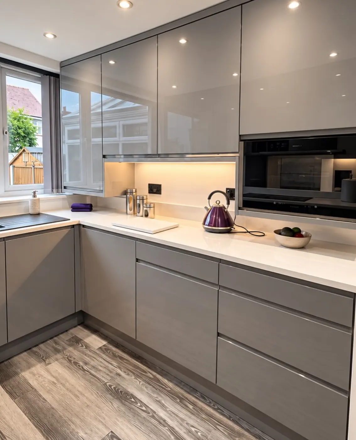 Grey handleless U-shaped kitchen with integrated microwave